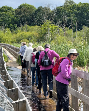 Ladies try to walk across a bridge covered in water