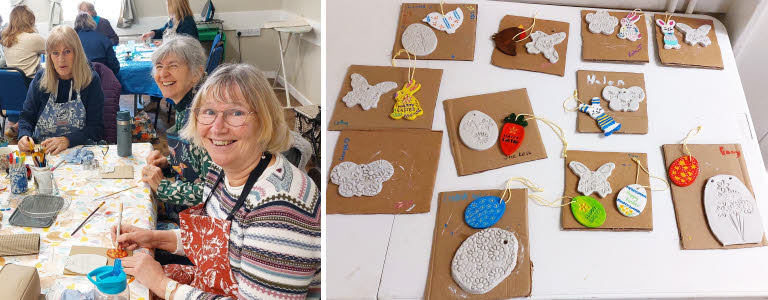 A montage with three crafters painting their clay plaques and then a collection of the plaques at the end of the day