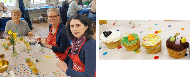 A montage of two images, the first showing three ladies at the cupcake decorating table, smiling at the camera, then a picture of four of the finished cupcakes.