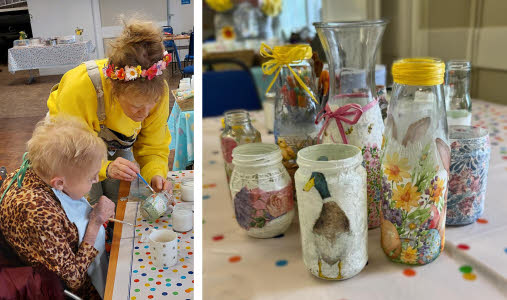 A montage of two pictures. The first shows two ladies working on a vase and the second shows a collection of completed vases.