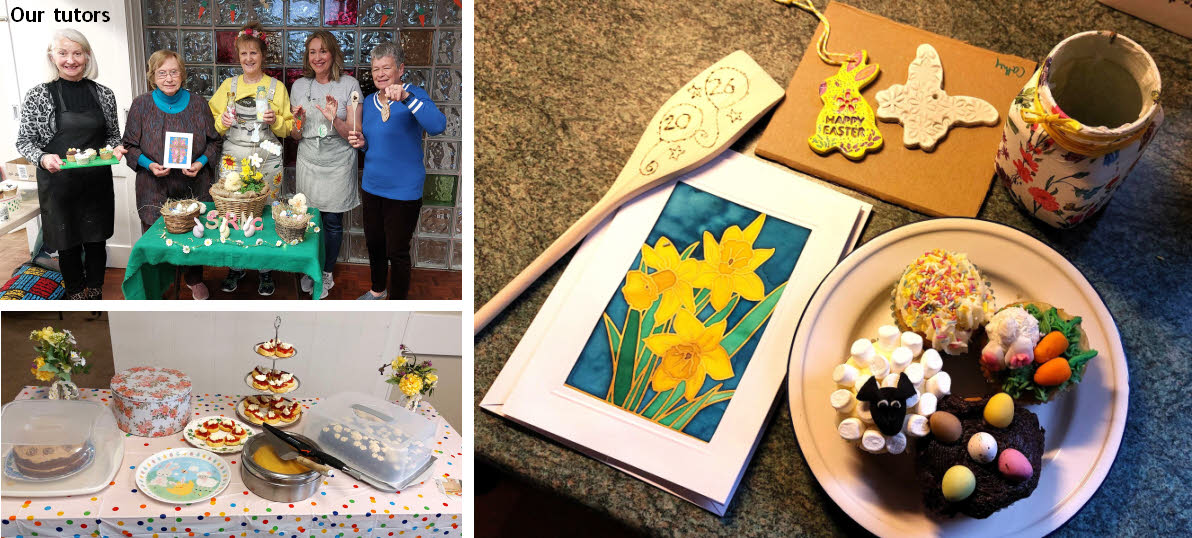 A montage of three pictures: the first shows the five tutors holding examples of their craft, the second is of the delicious spread of cakes for afternoon tea and the third is a close-up selection of each of the crafts